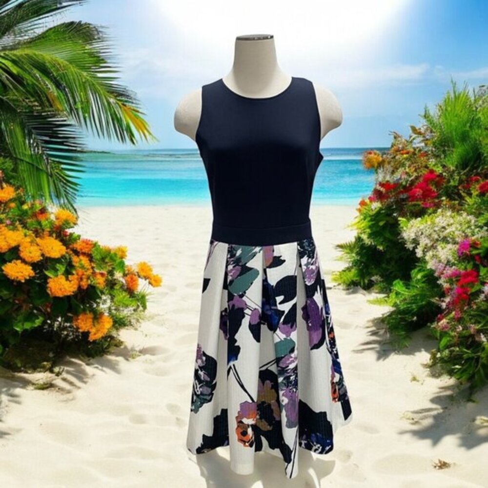 Gabby Skye Navy Sleeveless Fit‎ and Flare Dress Floral 8 Elegant Party Cocktail